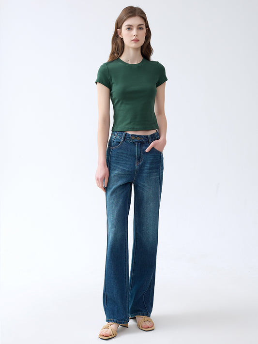 Women’s Stretch Ribbed Short Sleeve Top – Pure Aesthetic Slim Fit Crop Tee