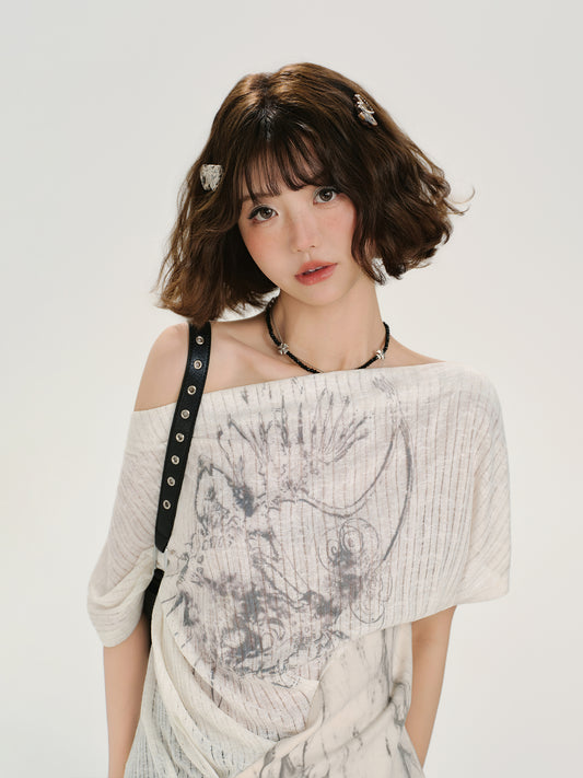 Retro Hot Girl Slim Fit Tee – Off-Shoulder Waist Design Short Sleeve Top