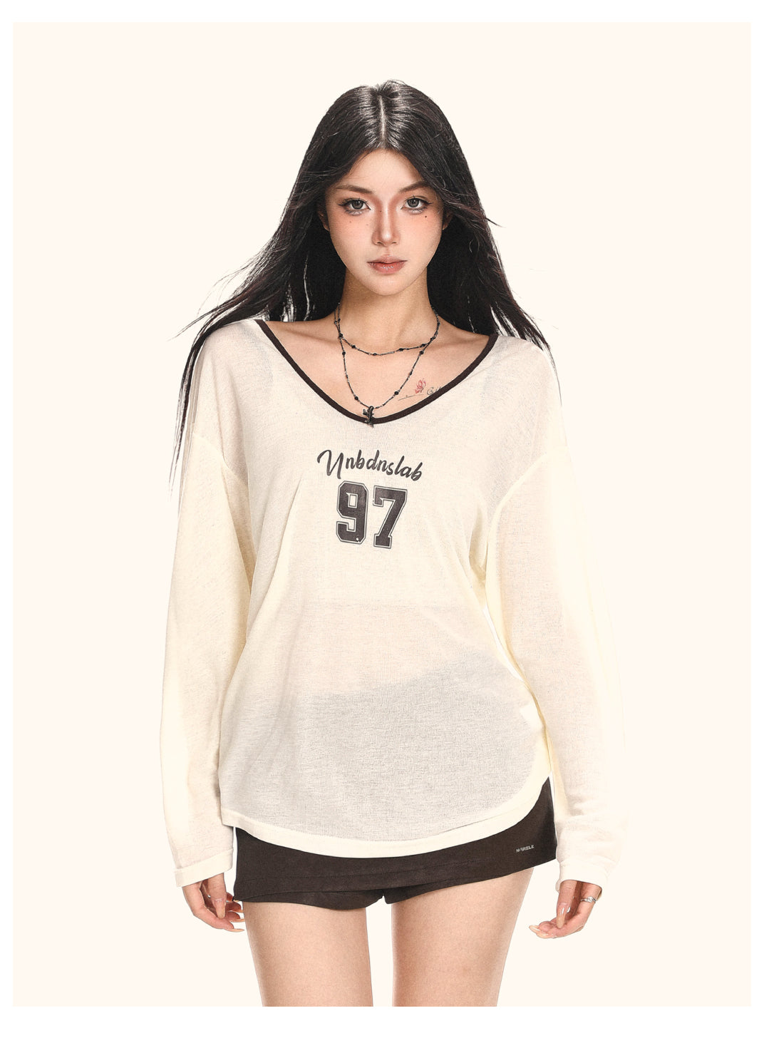 Casual Retro V-Neck Tee for Women – Sheer Loose Long Sleeve Early Autumn