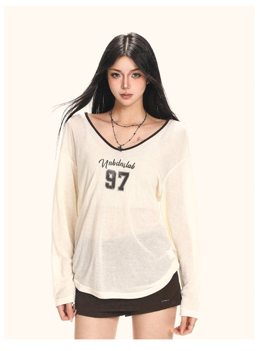 Casual Retro V-Neck Tee for Women – Sheer Loose Long Sleeve Early Autumn