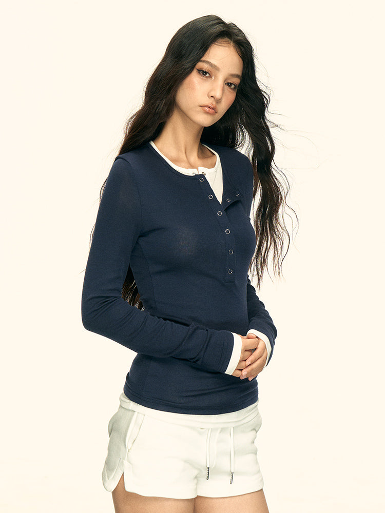 American Retro Fake Two-Piece Top – Elegant Slim Long Sleeve T-Shirt