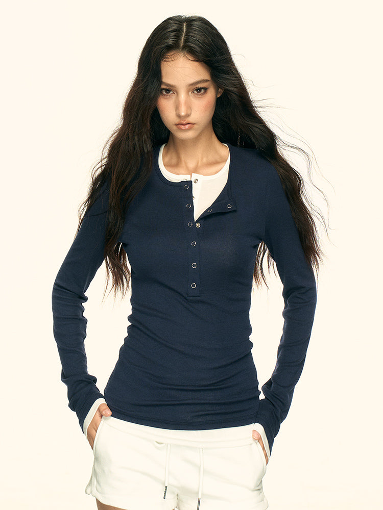 American Retro Fake Two-Piece Top – Elegant Slim Long Sleeve T-Shirt