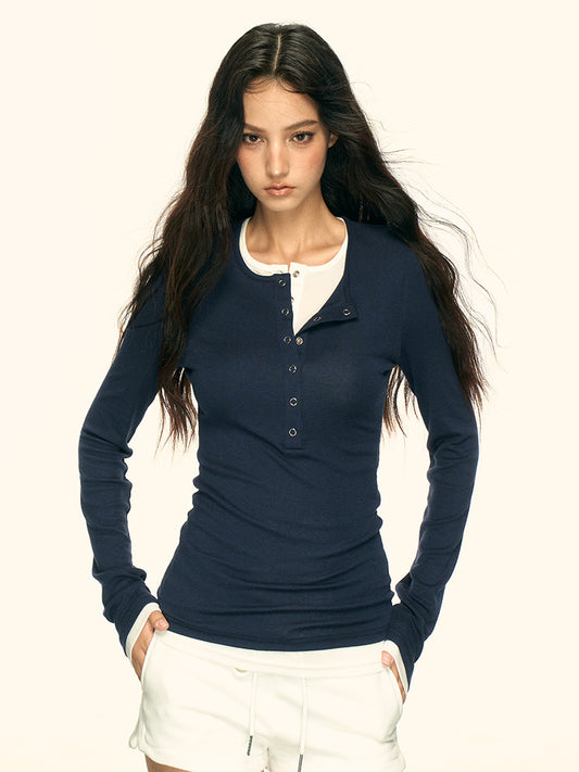 American Retro Fake Two-Piece Top – Elegant Slim Long Sleeve T-Shirt