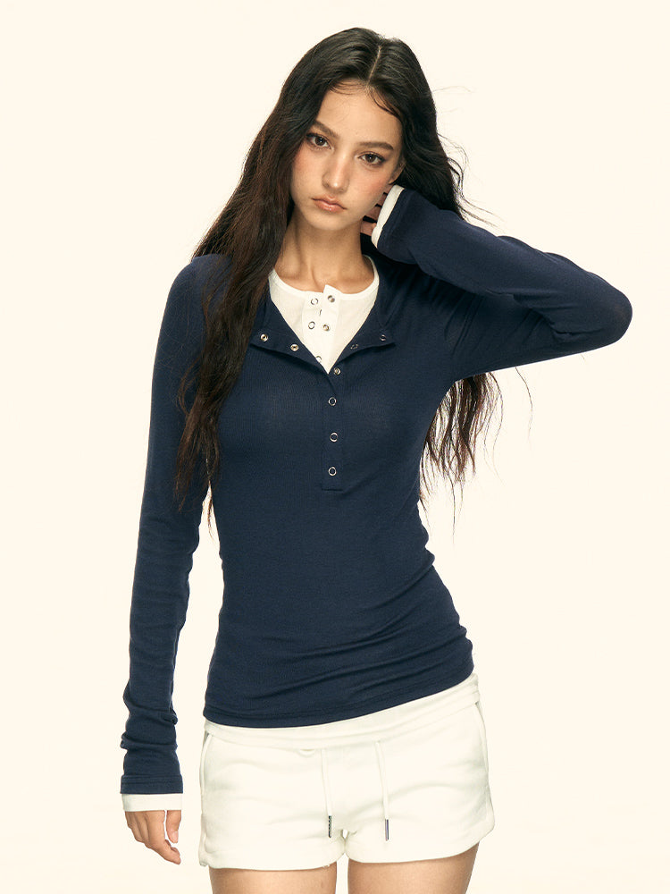 American Retro Fake Two-Piece Top – Elegant Slim Long Sleeve T-Shirt