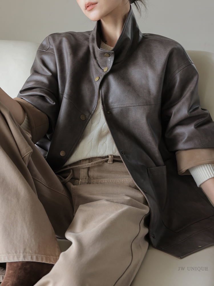 Retro Coffee Leather Jacket – Reversible Loose Fit Button-Up Coat