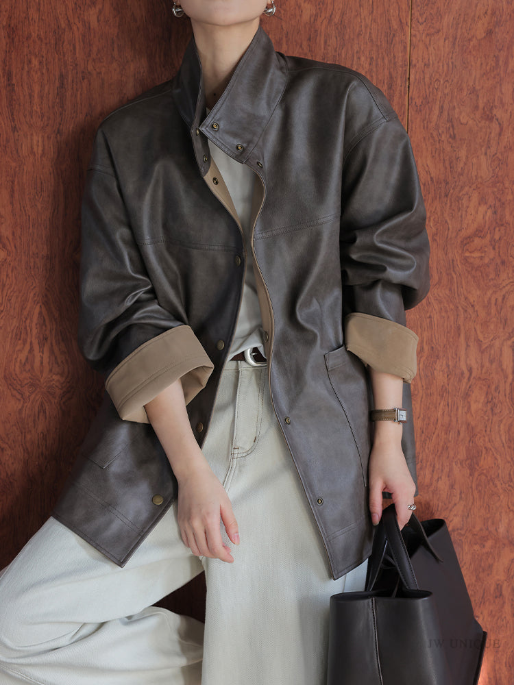 Retro Coffee Leather Jacket – Reversible Loose Fit Button-Up Coat