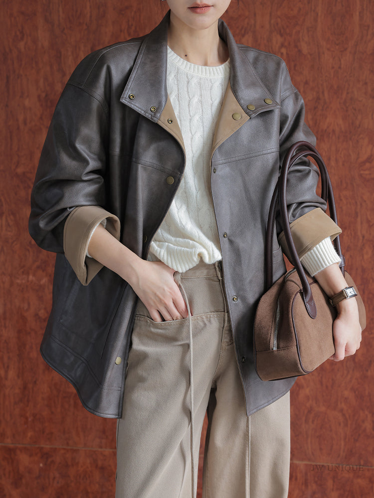 Retro Coffee Leather Jacket – Reversible Loose Fit Button-Up Coat