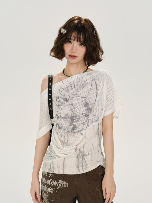 Retro Hot Girl Slim Fit Tee – Off-Shoulder Waist Design Short Sleeve Top