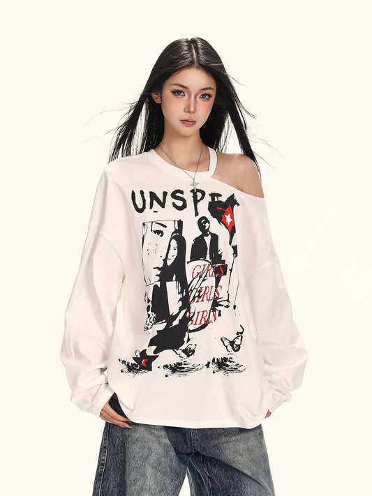 Vintage Aesthetic Halter Neck Tee – Artistic Print Off-Shoulder Fall Top