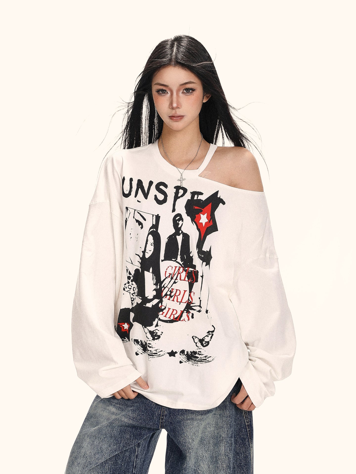 Vintage Aesthetic Halter Neck Tee – Artistic Print Off-Shoulder Fall Top