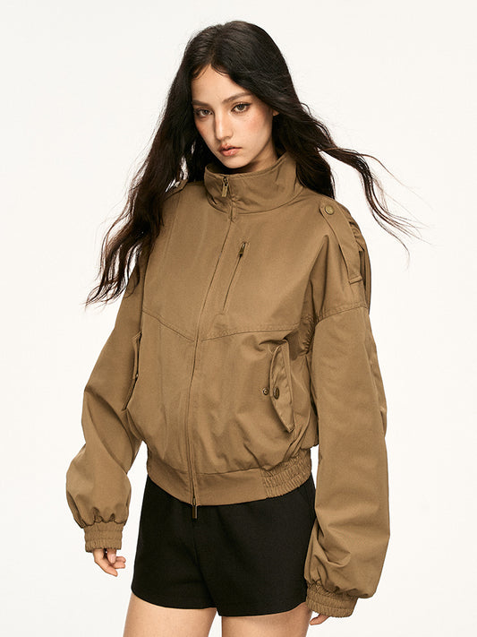 Casual Khaki Utility Coat for Women – Autumn Stand Collar Fashion Jacket
